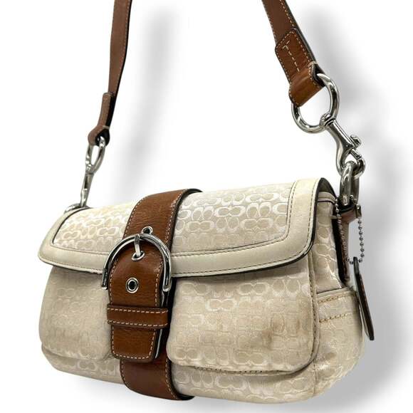 Coach Mini Signature Shoulder Bag in Canvas and Leather, White, Beige, Brown ...